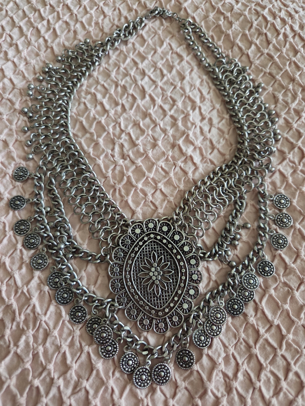 Intricate Silver-Tone Layered Medallion Necklace